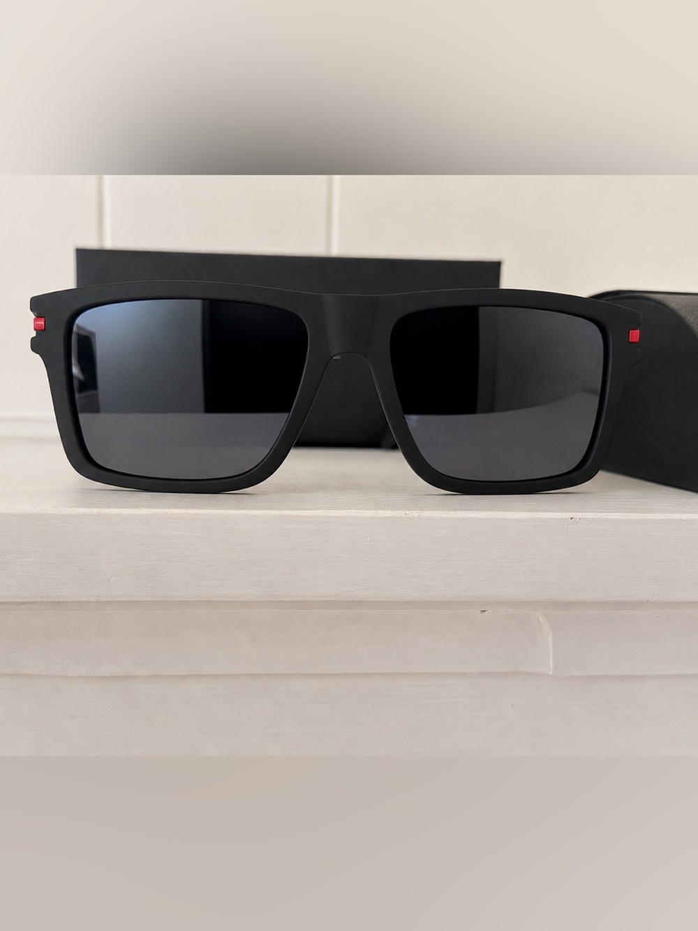 Prada Linea Rossa Black Rectangular Sunglasses 54-18-143 w/ Case & Box